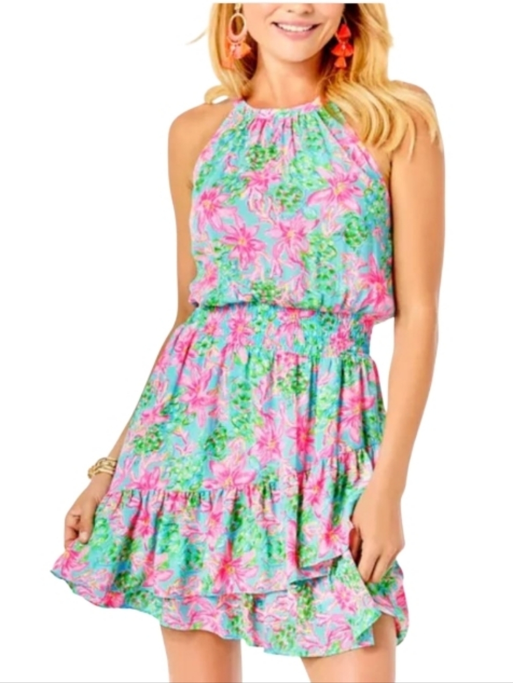 Lilly Pulitzer Pamelyn Lilezze Pink & Aqua Floral Halter Mini Dress